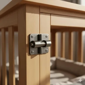 Close-up of a secure, heavy-duty metal latch on a timber dog crate furniture unit for pet safety.