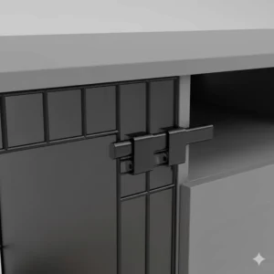 Close-up illustration of the heavy-duty secure latch and metal bars on a wooden dog crate TV stand for pet safety.