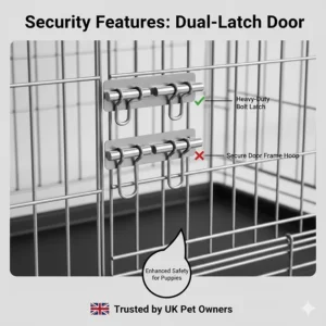 Detailed view of the heavy-duty twin door latches on a small puppy crate for improved security.