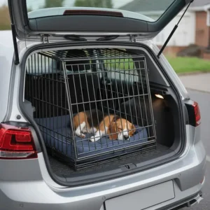 A sloped dog crate for car boot designed to fit the angled rear seats of a silver hatchback.