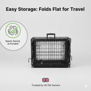 A small puppy crate folded flat with a carrying handle, demonstrating easy storage and transport.