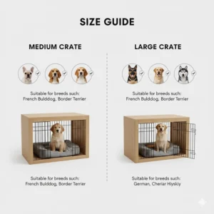 Comparison chart showing which dog breeds fit comfortably inside the medium-sized crate end table.