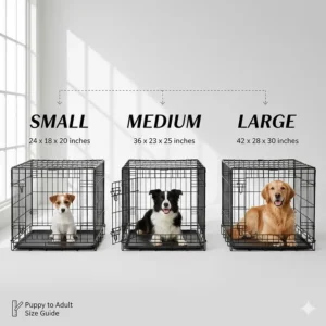 A comparison chart of different dog crate sizes suitable for puppies and adult dogs.