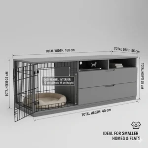 Illustration showing dimensions of a space-saving TV unit with an inbuilt dog kennel, ideal for British flats and smaller homes.