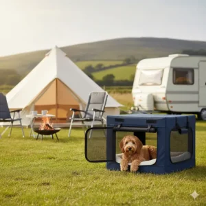 A portable fabric soft dog crate set up on grass next to a bell tent and a caravan at a scenic British campsite.