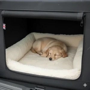 Interior view of a soft dog crate for car travel with a plush fleece mat for pet comfort.