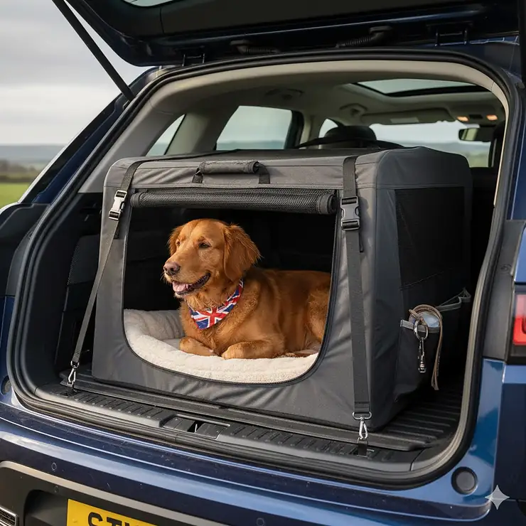 A lightweight soft dog crate for car travel secured in the boot of a British SUV. soft dog crate for car travel