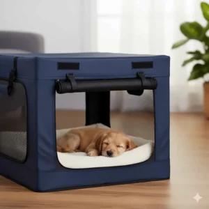 A soft-sided navy dog crate with mesh windows and roll-up fabric covers providing a cosy, dark environment for a puppy.
