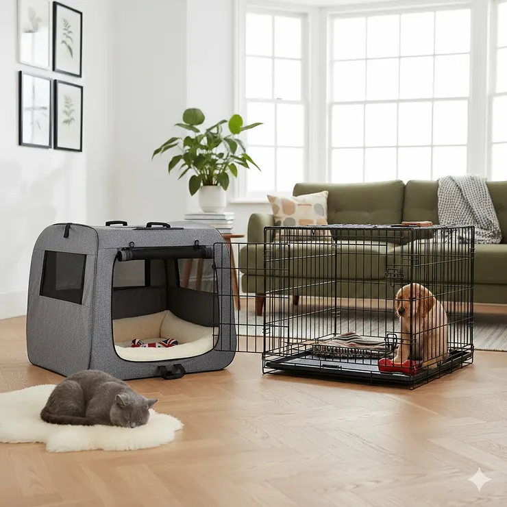 A side-by-side comparison of a grey fabric soft dog crate and a black metal wire dog crate in a modern British living room with a bay window. soft dog crate vs wire crate