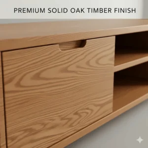 Detailed view of the solid oak timber finish on a premium pet crate media console.
