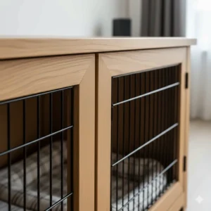 Detail shot of the solid timber grain and smooth finish of a high-quality large double dog crate.