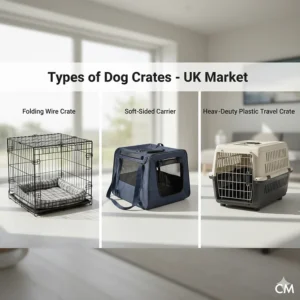 An overview of common dog crates for the UK market including a folding wire crate, a soft-sided carrier, and a heavy-duty plastic travel crate.