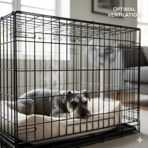 Detail shot showing the excellent ventilation and visibility of a wire dog crate, helping nervous dogs feel less trapped.