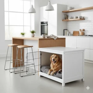 A sleek white dog crate furniture unit tucked neatly under a modern UK kitchen breakfast bar.