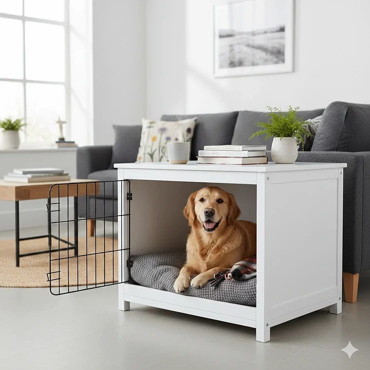 Modern white dog crate furniture styled as a contemporary side table in a bright UK living room. white dog crate furniture modern