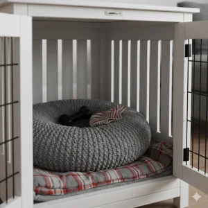 Interior view of a white timber dog crate with a grey plush cushion for a cosy pet den.