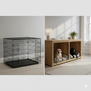 Side-by-side comparison of a standard metal wire crate and a stylish wooden double dog crate furniture unit.