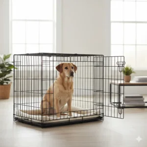 A Border Terrier sitting in a wire dog crate with 360-degree ventilation and a soft cream bed.