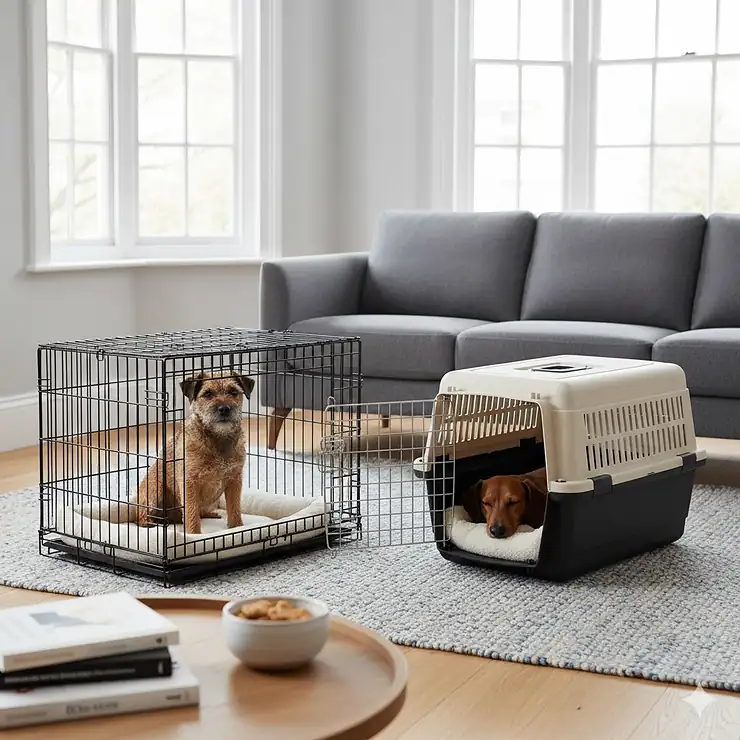 A photorealistic comparison of a black metal wire dog crate and a cream plastic carrier in a modern British living room. wire dog crate vs plastic