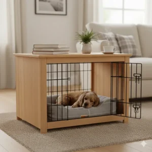 An elegant wooden dog crate designed to double as an end table or bedside furniture in a British home.