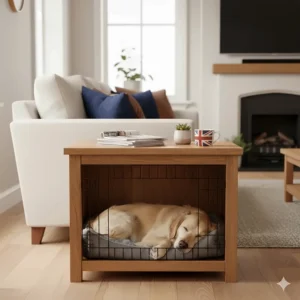 An elegant oak-finish dog crate side table integrated into a British living room next to a sofa.