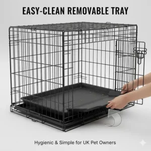 An illustration showing the removal of a leak-proof plastic tray from a giant dog crate for easy cleaning.