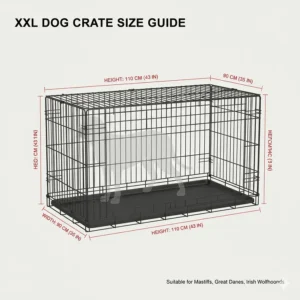 A technical diagram showing the height and width measurements of a giant dog crate suitable for XXL breeds like Mastiffs.