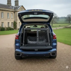 A bespoke black aluminium dog crate that matches the premium interior trim of a modern BMW X5.