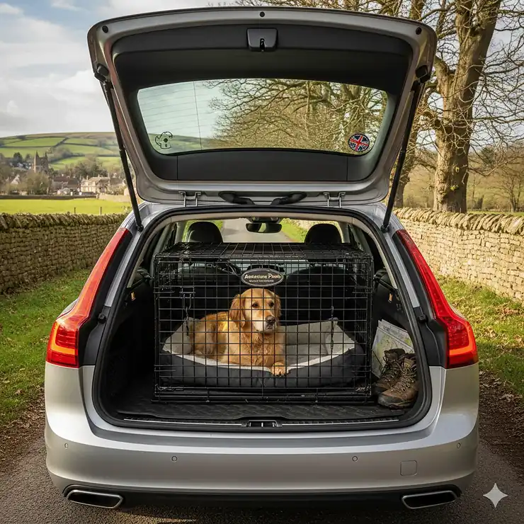 A robust metal estate car dog crate fitted securely in the boot of a Volvo V90, featuring a Golden Retriever. estate car dog crate