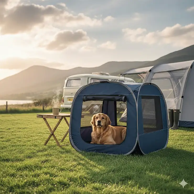 A portable pop-up dog crate set up on a grassy campsite in the UK Lake District, with a Golden Retriever sitting comfortably inside. pop up dog crate for camping