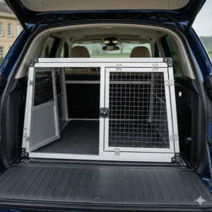 Internal view of a BMW X5 boot showing the precise fit of a heavy-duty dog crate with the rear seats up.