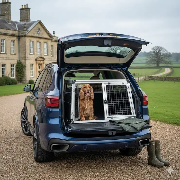 A custom-fit dog crate installed in the boot of a BMW X5, showing a secure and spacious travel solution for large breeds. BMW X5 dog crate