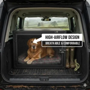 Close-up of the high-airflow mesh design on a Defender dog crate to ensure pet comfort during British summer drives.
