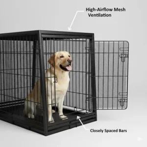Detailed view of the high-airflow mesh ventilation and closely spaced security bars on a professional sloping dog crate.
