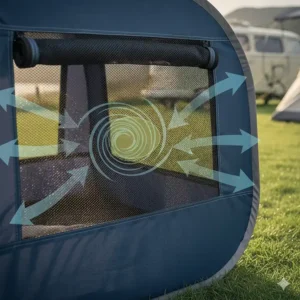 Diagram showing the breathable mesh windows on a fabric dog crate to ensure airflow during summer camping trips.