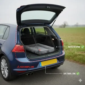 Alt text for image 9: A safety diagram showing the correct placement of a sloping dog crate in the boot, keeping the pet away from the rear-impact crumple zone.