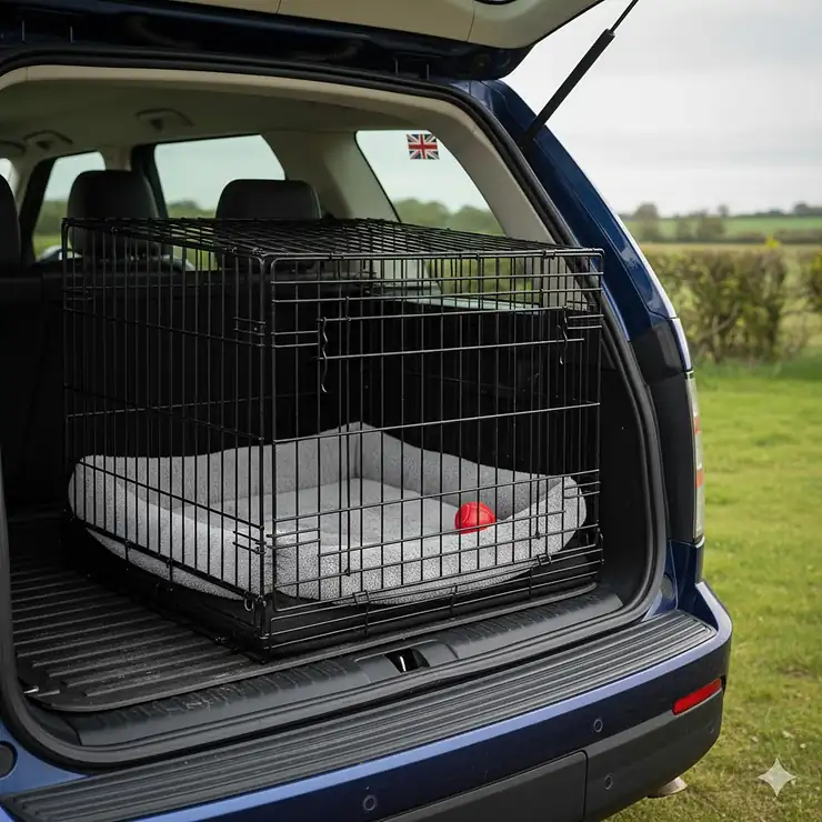 Alt text for image 1: A high-quality black metal sloping dog crate designed for cars, shown fitted inside the boot of a blue estate car to demonstrate the space-saving angled design. cheap sloping dog crates