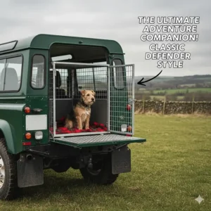 A heavy-duty galvanised steel dog cage fitted into the rear of a classic Land Rover Defender 90.