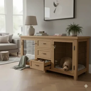 A comfortable Cockapoo resting inside a bespoke wooden dog crate with drawers.