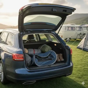 A folded-down collapsible dog crate fitting easily into the boot of a British estate car alongside camping gear.