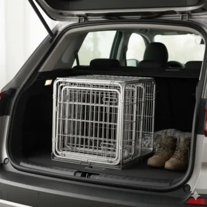 Illustration showing a galvanised steel dog crate folded flat for storage or transport in a car boot.