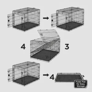 Step-by-step diagram showing how the sloping hatchback dog cage folds down flat for easy storage in a cupboard or garage.