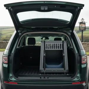 A custom-fit dog crate designed for a compact SUV with a narrow boot opening.