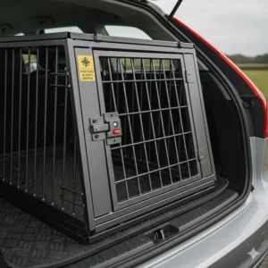 Close-up of a crash-tested heavy-duty dog cage designed for estate car safety.