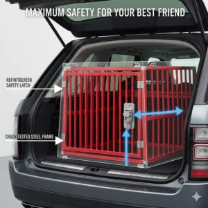 Diagram highlighting the reinforced steel frame and safety latch of a crash-tested dog crate for a Range Rover.