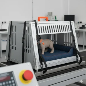 A crash-tested dog crate with emergency escape hatch for maximum road safety.
