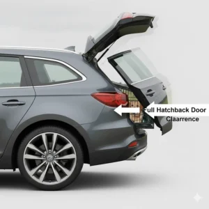 Illustration showing how a hatchback boot door closes with full clearance against the angled front of a sloped dog travel cage.