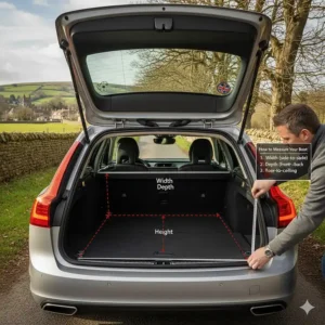 Illustration showing how to measure a UK estate car boot for a custom-fit dog crate.