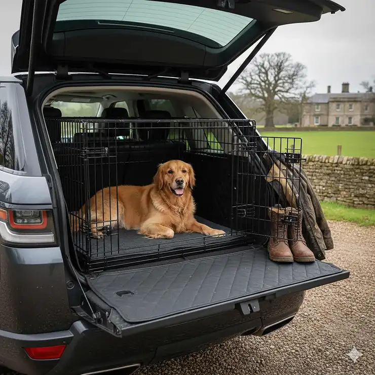 A custom-fit metal dog crate installed in the boot of a Range Rover Sport, showing a secure travel solution in a British country estate setting. dog crate for Range Rover