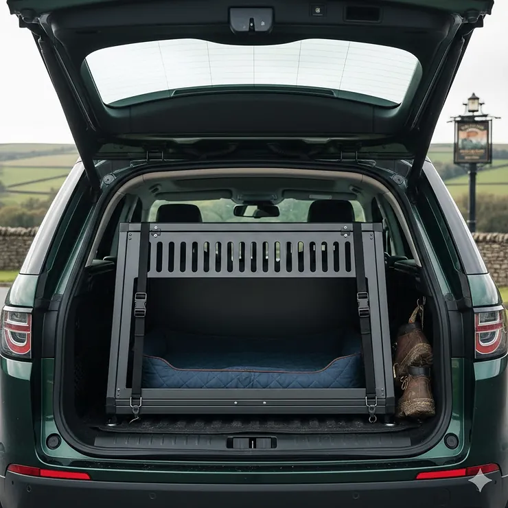 A heavy-duty metal dog crate securely fitted into the boot of a Land Rover SUV. dog crate for SUV